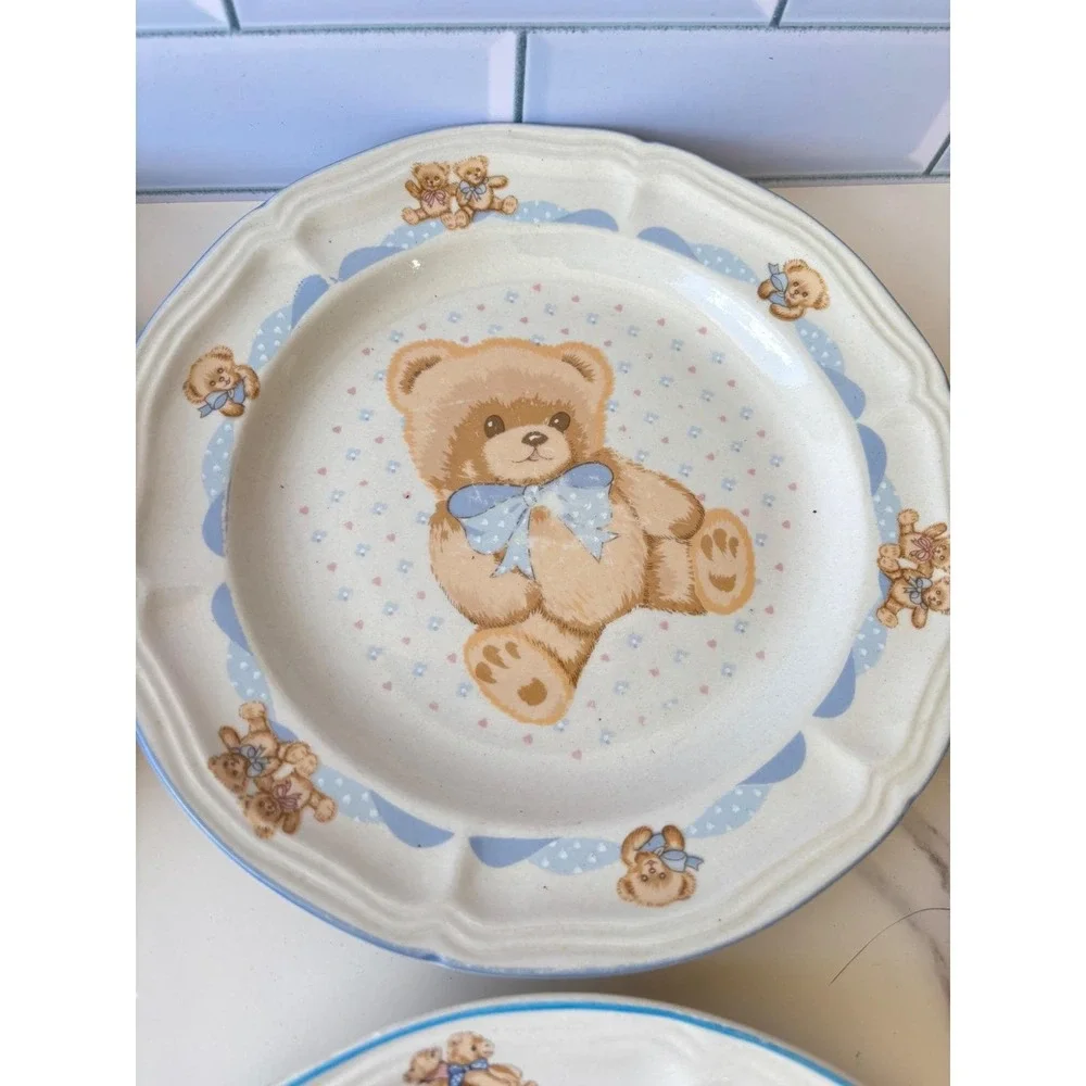 Vtg Tienshan Country Teddy Bear Ceramic Plates Set of 7‎ Blue Bow Stoneware